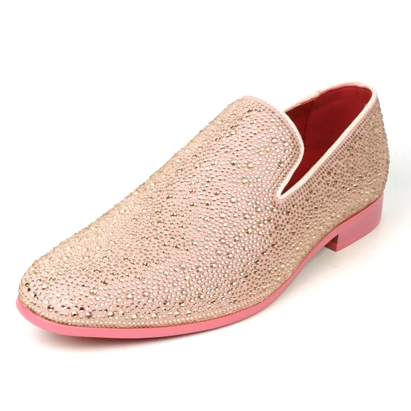Men's loafers with a contrast stitching detailFiesso FI-7525 Pink Suede Pink Rhinestones Slip on Loafers