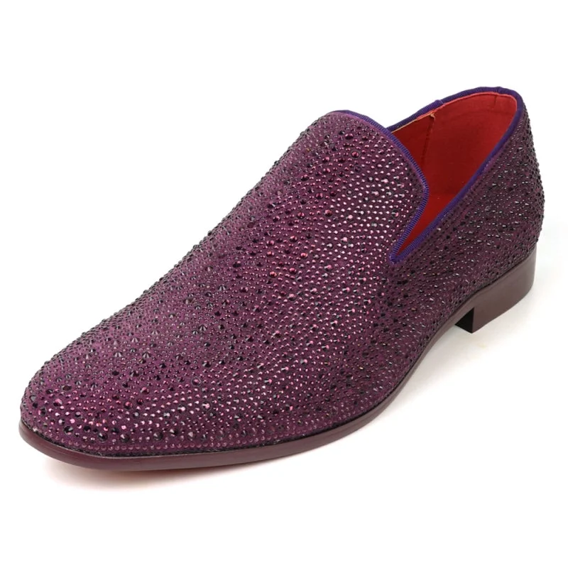 Men's loafers with a rubber sole for durabilityFiesso FI-7525 Purple Suede Purple Rhinestones Slip on Loafers