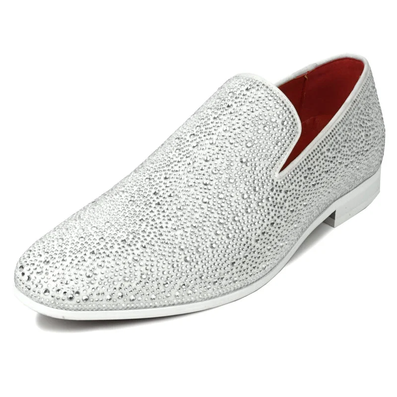 Men's loafers with a flexible sole for easy movementFiesso FI-7525 White Suede White Rhinestones Slip on Loafers