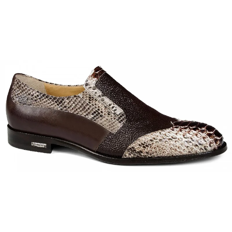 Men's loafers with a perforated leather upper for ventilationMauri 4748/2 Brown-Beige Hand-Painted Genuine Python/Brown Pebble Grain Loafer Shoe