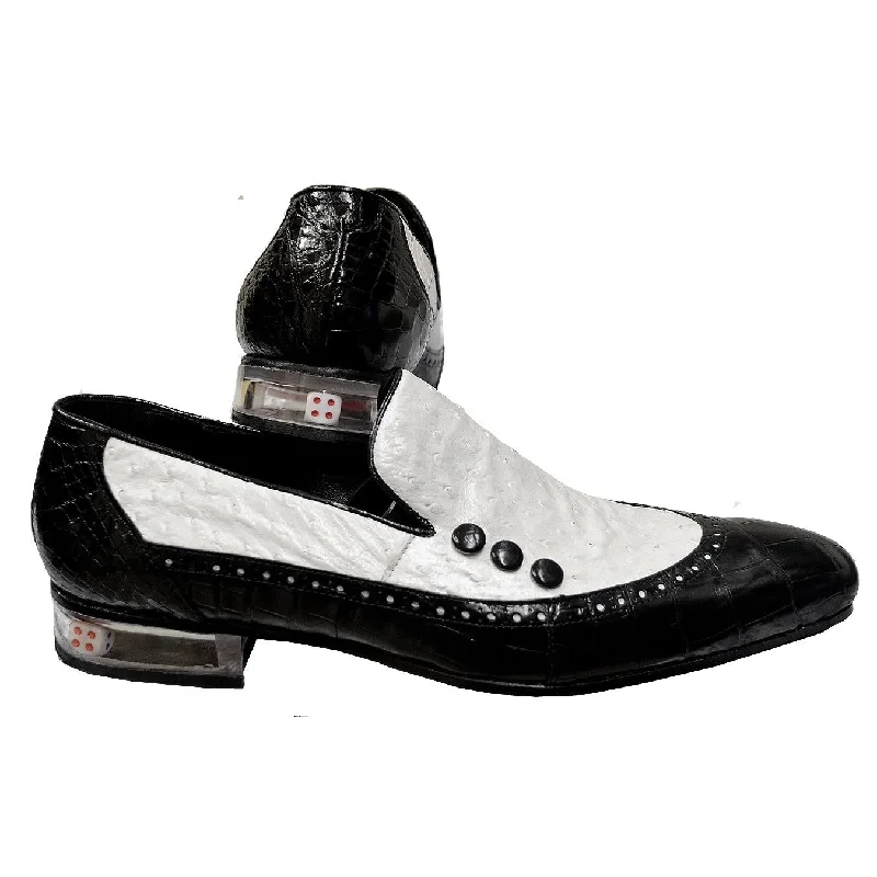 Men's loafers with a low - heeled designMauri 4821/1 Black/White Genuine Body Alligator/Ostrich Loafer Shoes