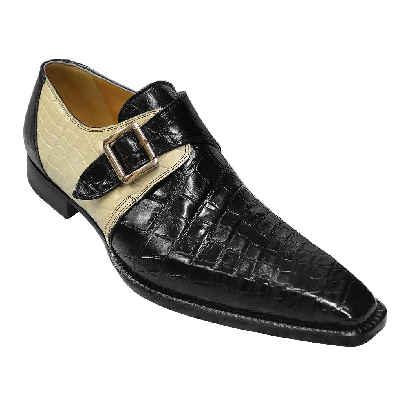 Men's loafers with a rubber sole for durabilityMauri 53154 Black/Cream Genuine All-Over Alligator Monk Strap Loafer Shoes