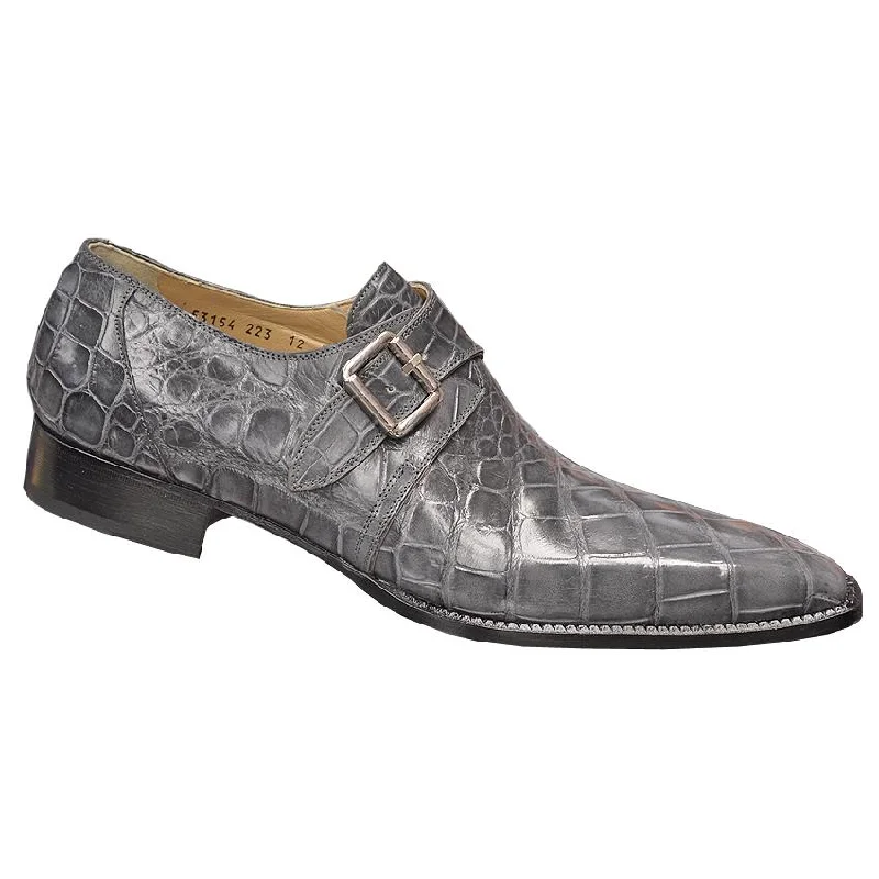 Men's loafers with a low - heeled designMauri 53154 Medium Grey Genuine All-Over Alligator Skin Monk Strap Loafer Shoes