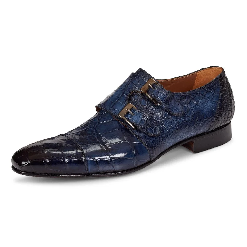 Men's loafers with a moc - toe designMauri Alfieri 1152/2 Wonder Blue All-Over Genuine Body Alligator Hand-Painted Monk Strap Loafer Shoes
