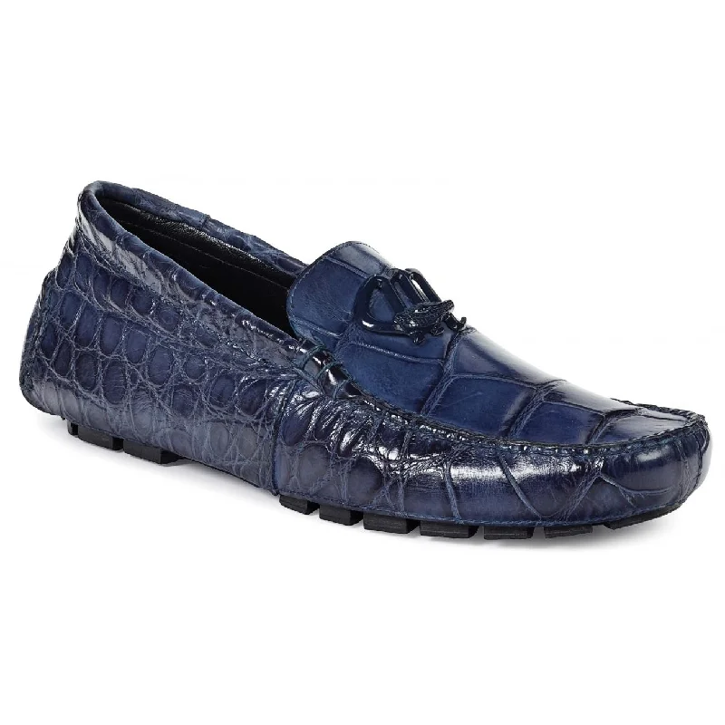 Men's loafers with a perforated leather upper for ventilationMauri Bartolini 3420 Wonder Blue Genuine Body Alligator Hand Painted Loafer Shoes