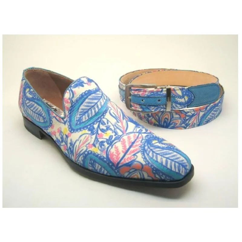 Slip - on men's loafers for easy wearMauri Blue/White Genuine Lizard Leather Hand Painted Paisley Design Loafer Shoes