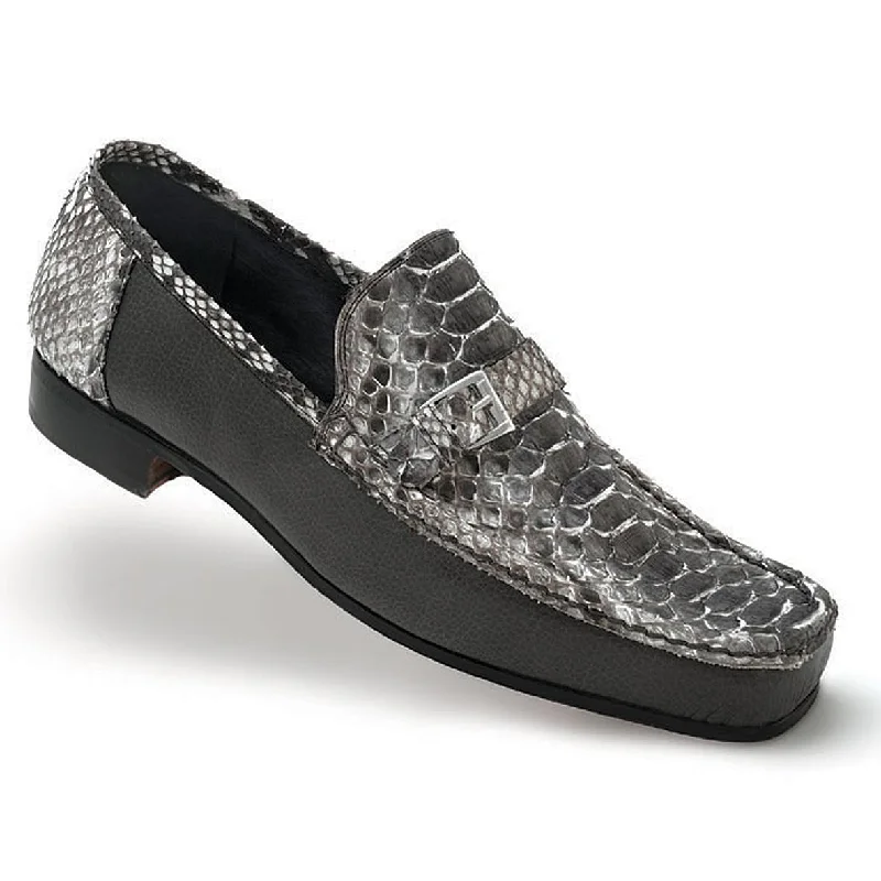 Men's loafers with a rubber sole for durabilityMauri Ca'D'Oro 3942 Grey Hand-Painted Genuine Python/Pebble Grain Nappa Leather Loafer Shoes