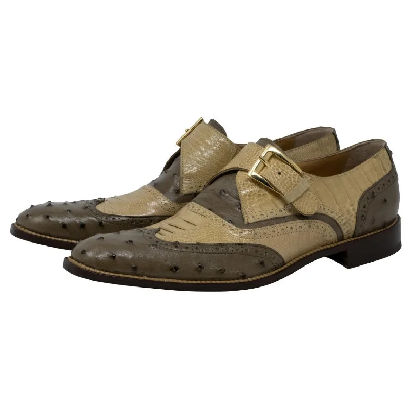 Men's loafers with a leather lacing systemMauri Corleone 3040 Mouse/Dune Genuine Ostrich/Ostrich Leg Monk Strap Loafer Shoes