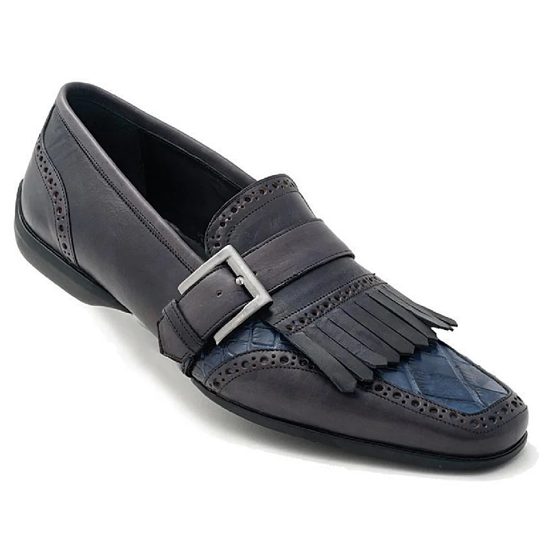 Men's loafers with a removable insole for cleaningMauri Italo 9230 Hand-Painted Charcol Grey/Blue Genuine Alligator/Calfskin Monkstrap Loafer Shoes