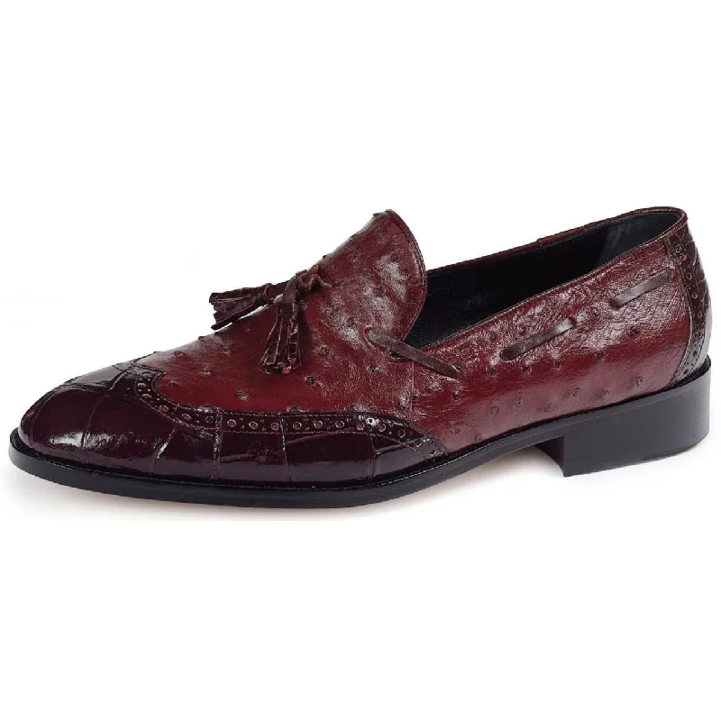 Men's loafers with a decorative buckleMauri Leonardo 53129 Burgundy/Ruby Red Genuine Body Alligator/Ostrich Loafer Shoes