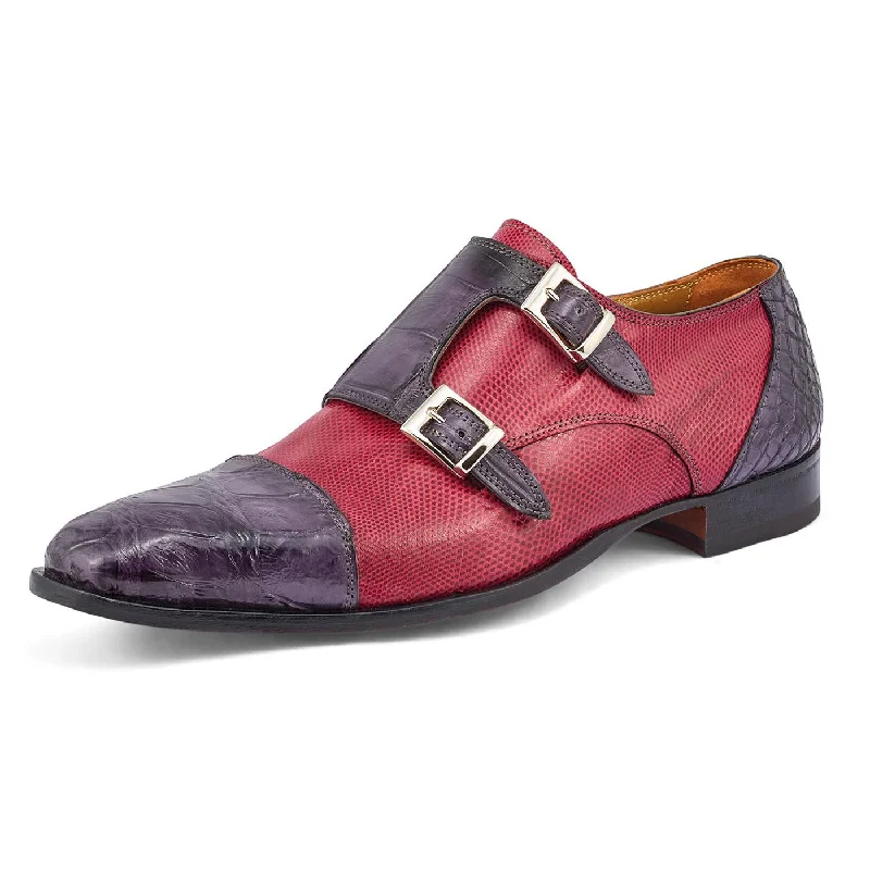 Men's loafers with a leather lacing systemMauri Madison Charcoal Gray & Ruby Red Genuine Alligator/Karung Monk-Straps Loafer Shoes 4560/2