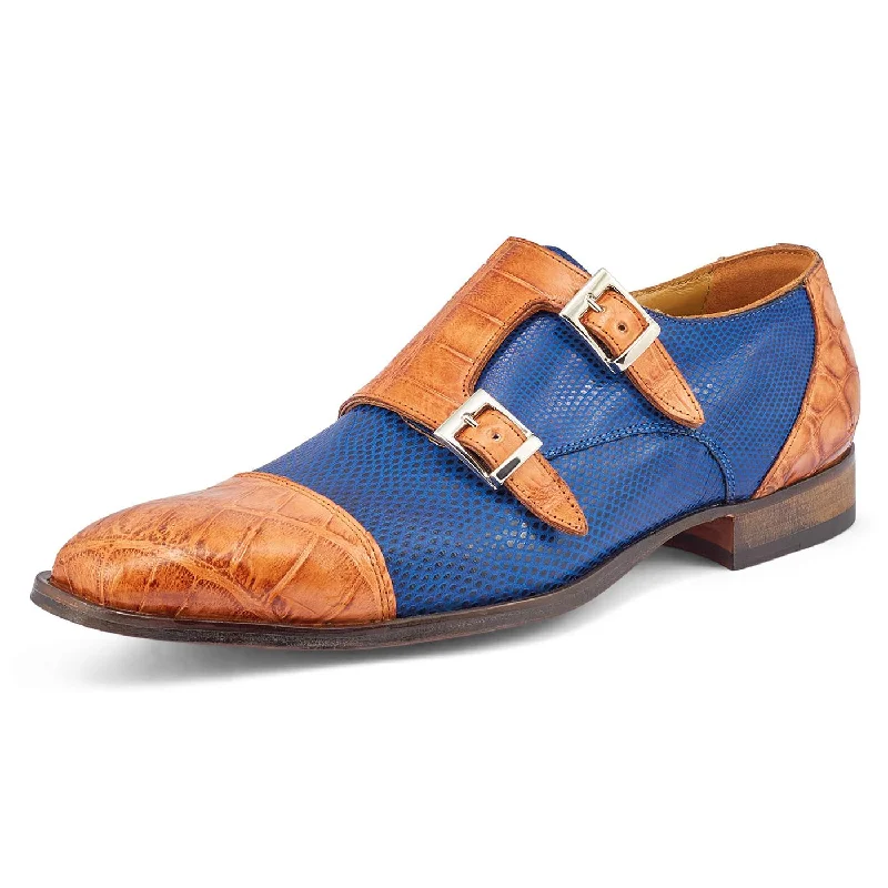 Men's loafers with a pointed toe for a stylish appearanceMauri Madison Cognac/Brilliant Blue Genuine Alligator/Karung Monk-Straps Loafer Shoes 4560/2