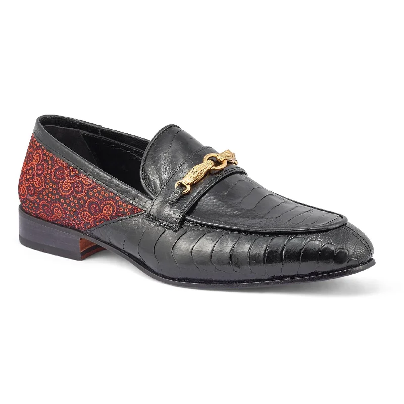 Men's loafers with a leather lacing systemMauri Monet Black/Coral Red Genuine Ostrich Leg/Matahari Fabric Horsebit Loafer Shoes 4946