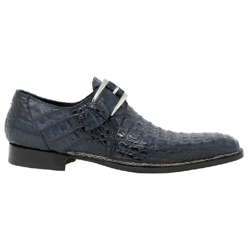 Men's loafers with a perforated leather upper for ventilationMauri Opulent 1172 Blue Genuine All Over Hornback Crocodile Monk Strap Loafer Shoes