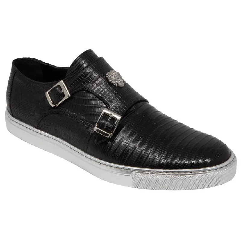 Men's loafers with a stretchy side panel for a better fitMauri Trendsetter 8592 Black Genuine Lizard Double Monk Strap Loafer Shoes