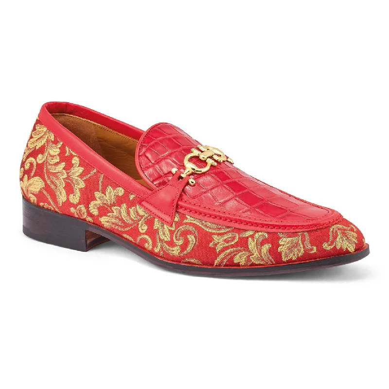 Men's loafers with a decorative buckleMauri Wealth Red Genuine Alligator/Gobelins Fabric/Calf-Skin Leather Horsebit Loafer Shoes 4954