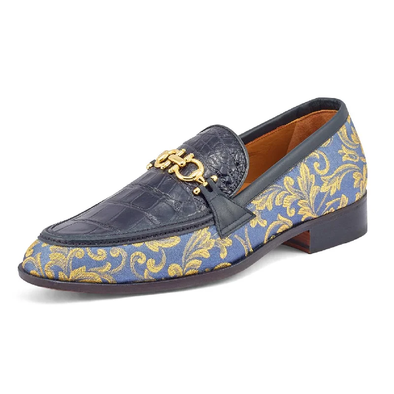 Men's loafers with a smooth leather finishMauri Wealth Two-Tone Blue Genuine Alligator/Gobelins Fabric/Calf-Skin Leather Horsebit Loafer Shoes 4954