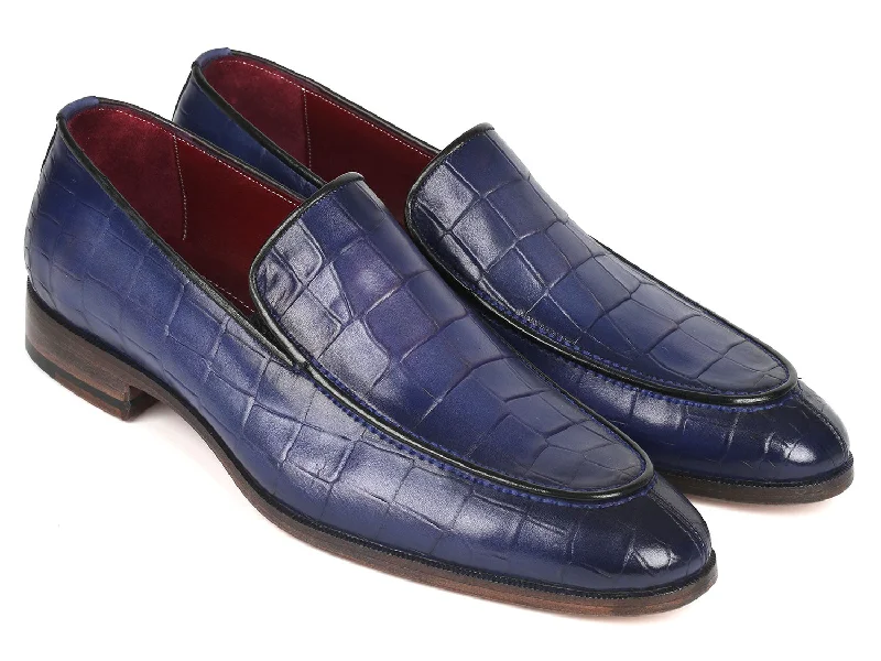 Men's loafers with a low - heeled designPaul Parkman Croco Textured Leather Loafer Blue (ID#7339-BLU)