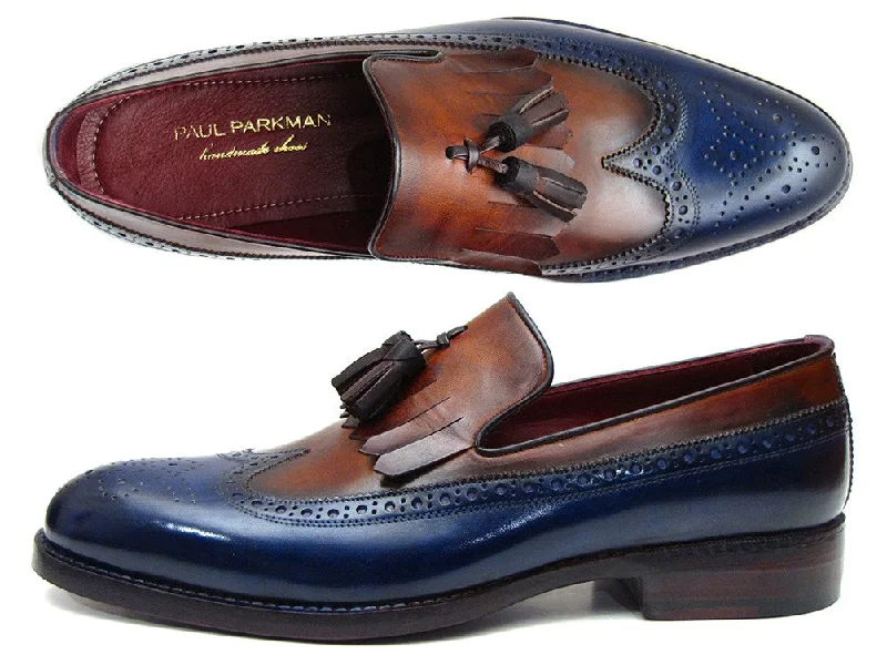 Men's loafers with a low - heeled designPaul Parkman Kiltie Tassel Loafer Navy & Tobacco (ID#KT74NB)