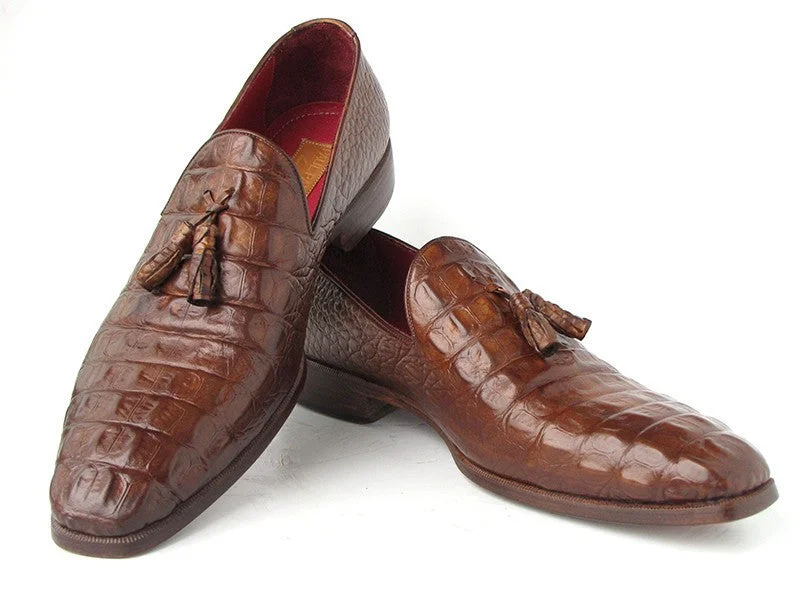 Men's loafers with a contrast stitching detailPaul Parkman Men's Brown Crocodile Embossed Calfskin Tassel Loafer (ID#PP2281-BRW)