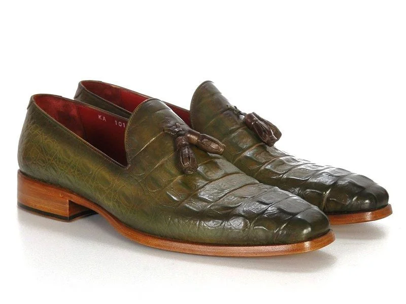 Men's loafers with a tassel front for a classic lookPaul Parkman Men's Green Crocodile Embossed Calfskin Tassel Loafer (ID#PP2281-GREEN)