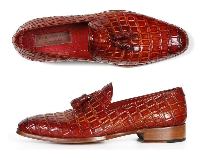 Men's loafers with a cushioned footbedPaul Parkman Men's Reddish Camel Crocodile Embossed Calfskin Tassel Loafer (ID#0823-RDSH)