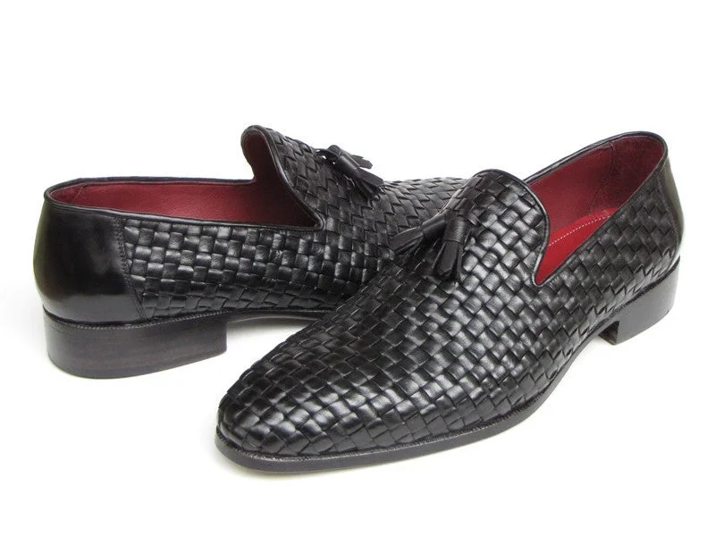 Men's loafers with a low - heeled designPaul Parkman Men's Tassel Loafer Black Woven Leather (ID#085-BLK)