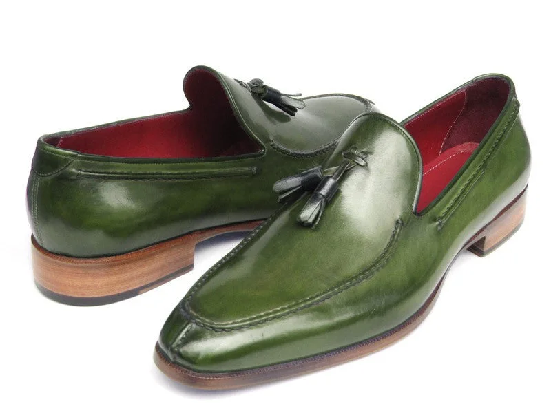 Men's loafers in a neutral color like black or brownPaul Parkman Men's Tassel Loafer Green Hand Painted Leather (ID#083-GREEN)