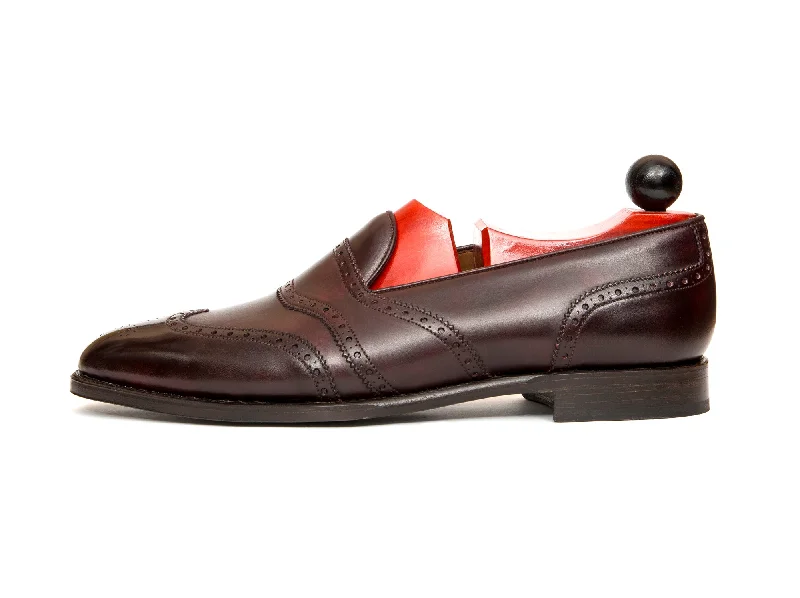 Men's loafers with a stretchy side panel for a better fitPiau - MTO - Plum Museum Calf - TMG Last - Single Leather Sole Men's loafers with a stretchy side panel for a better fitPiau - MTO - Plum Museum Calf - TMG Last - Single Leather Sole