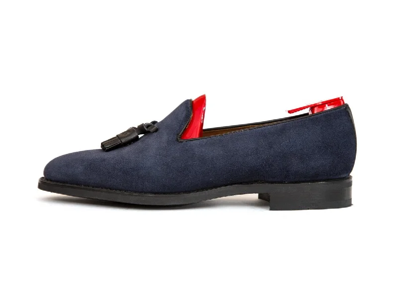 Men's leather loafers with a penny slotRavenna - MTO - Navy Suede / Black Calf Tassel - TMG Last - City Rubber Sole Men's leather loafers with a penny slotRavenna - MTO - Navy Suede / Black Calf Tassel - TMG Last - City Rubber Sole