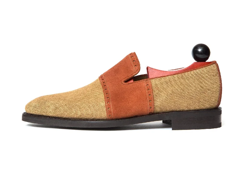 Men's loafers with a cushioned footbedShoreline - MTO - Desert Canvas / Rust Suede - LPB Last - City Rubber Sole Men's loafers with a cushioned footbedShoreline - MTO - Desert Canvas / Rust Suede - LPB Last - City Rubber Sole