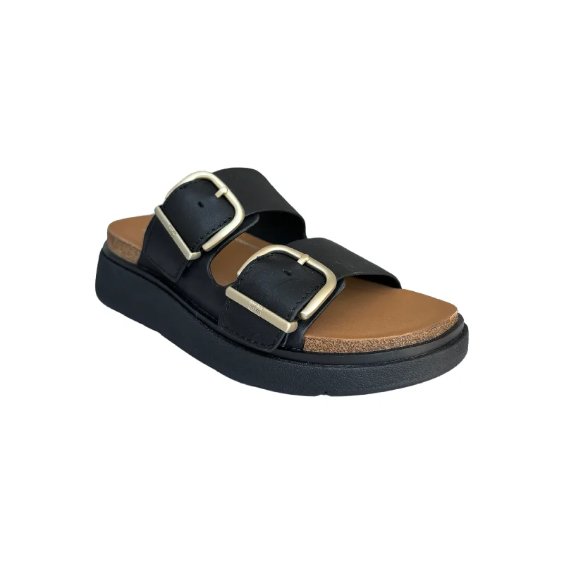Women's Flat Slide Sandals with a Memory Foam Insole in White for All - Day Comfort Women's Flat Slide Sandals with a Memory Foam Insole in White for All - Day Comfort Lightweight Women's Mesh - Paneled Sandals in Yellow for BreathabilityGen Buckle Two Bar Black Leather Slide