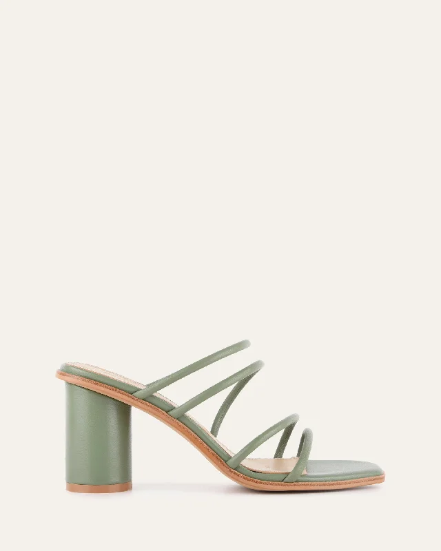Women's Sandals with a Glitter - Coated Strap in Gold for a Sparkly Summer Outfit Women's Sandals with a Glitter - Coated Strap in Gold for a Sparkly Summer Outfit Anti - Slip Women's Sandals with a Grooved Sole in Green for Outdoor AdventuresNAOMI MID HEEL SANDALS PISTACHIO GREEN LEATHER