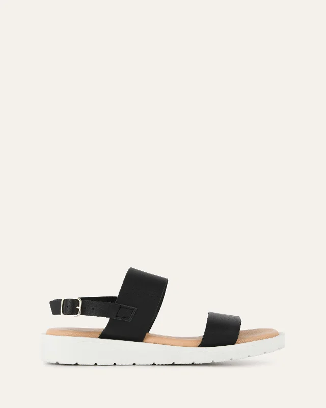 Women's Ankle - Strap Sandals with a Block Heel in Red for a Sophisticated Style Women's Ankle - Strap Sandals with a Block Heel in Red for a Sophisticated Style Sustainable Women's Recycled Material Sandals in Beige for Eco - Conscious ShoppersROSALIE FLAT SANDALS BLACK LEATHER