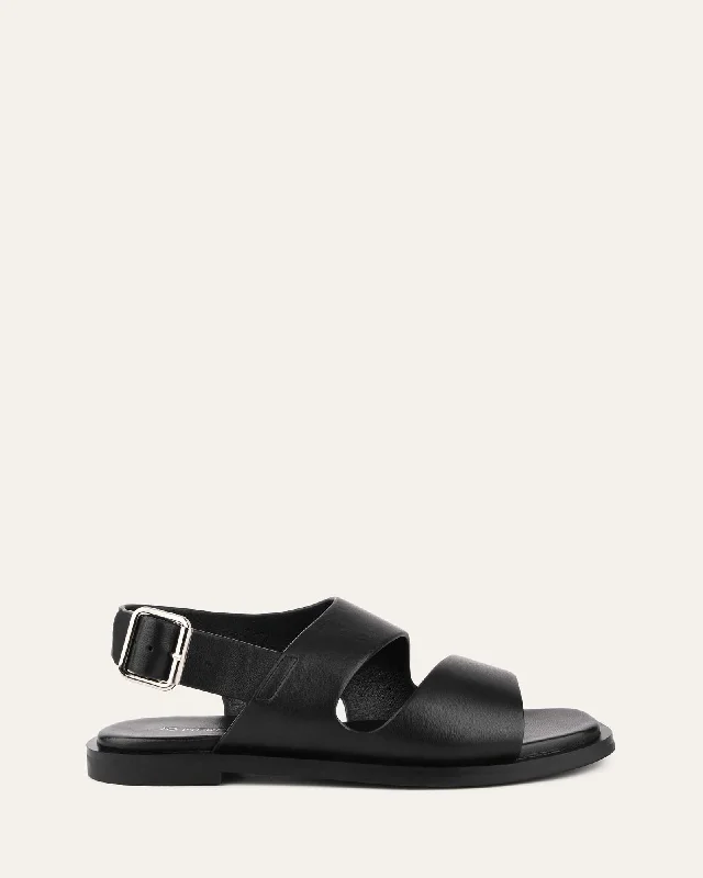 Women's Sandals with a Glitter - Coated Strap in Gold for a Sparkly Summer Outfit Women's Sandals with a Glitter - Coated Strap in Gold for a Sparkly Summer Outfit Anti - Slip Women's Sandals with a Grooved Sole in Green for Outdoor AdventuresSADIE FLAT SANDALS BLACK LEATHER