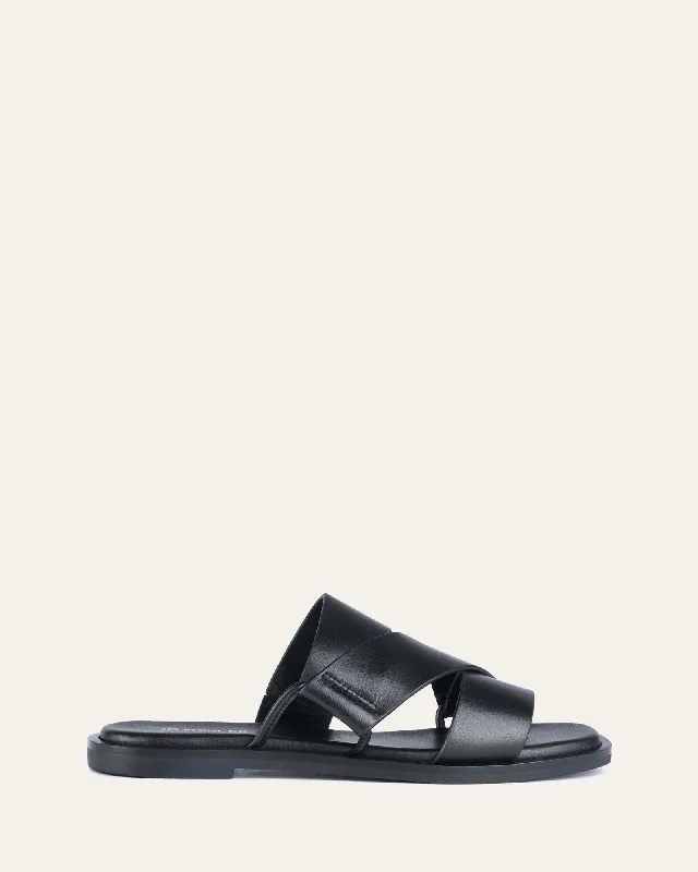 Women's Cork - Soled Espadrille Sandals with a Rope - Trimmed Upper in Navy for a Summer Vibe Women's Cork - Soled Espadrille Sandals with a Rope - Trimmed Upper in Navy for a Summer Vibe Women's Sandals with a Wedge Heel and a Tassel Detail in Orange for a Trendy LookSHELBY FLAT SLIDES BLACK LEATHER