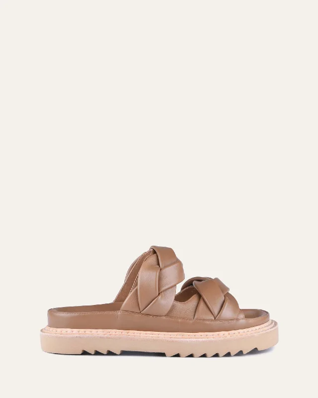 Women's Ankle - Strap Sandals with a Block Heel in Red for a Sophisticated Style Women's Ankle - Strap Sandals with a Block Heel in Red for a Sophisticated Style Sustainable Women's Recycled Material Sandals in Beige for Eco - Conscious ShoppersVENUS FLAT SLIDES TAN LEATHER