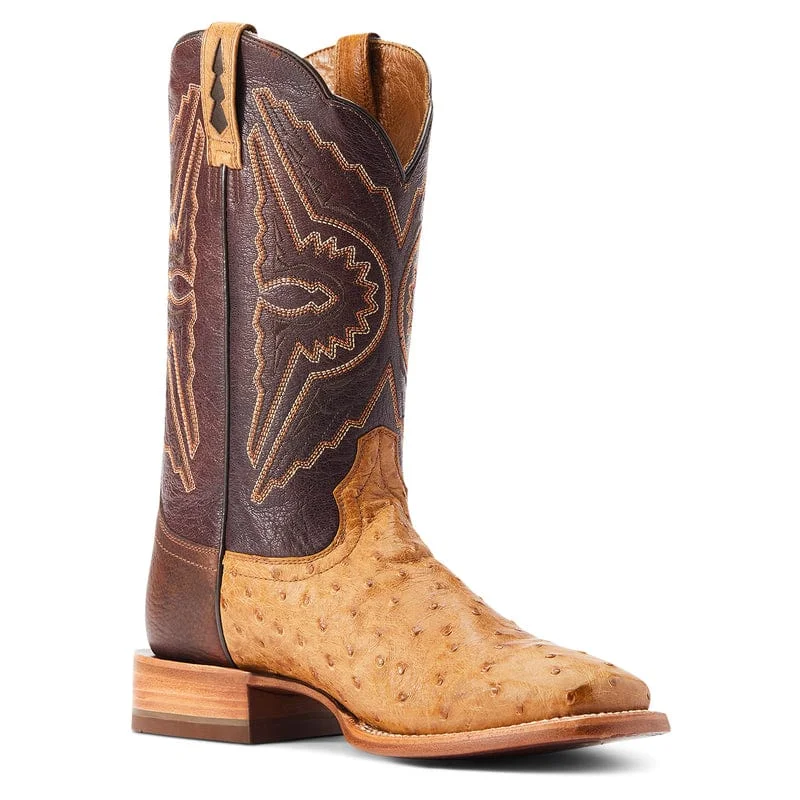 Ariat Men's Broncy Antique Saddle Full Quill Ostrich Square Toe Exotic Western Boots 10044419