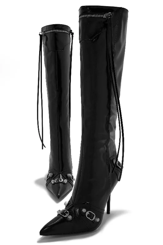 women's booties for hikingAdison Metallic Knee High Boots - Black