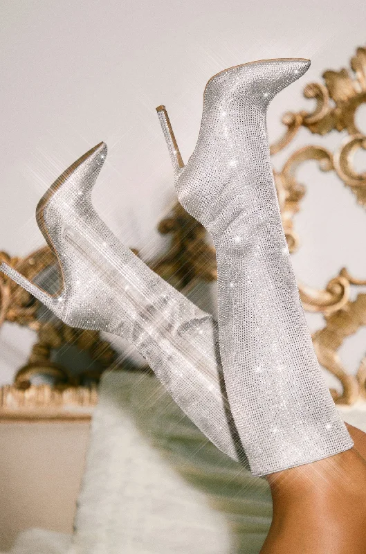 women's waterproof bootiesAfter Party Embellished High Heel Boots - Silver
