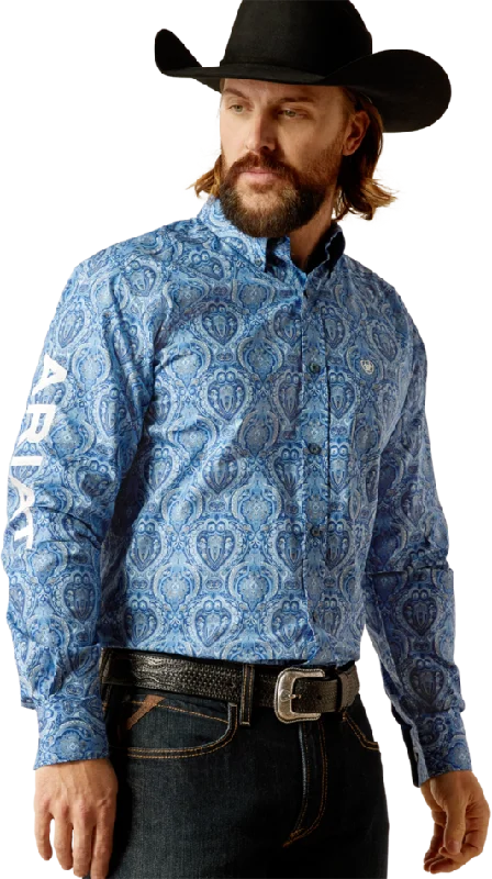 women's moto boots with unique tread patternsAriat Men's Blue and White Team Kellen Fitted Shirt