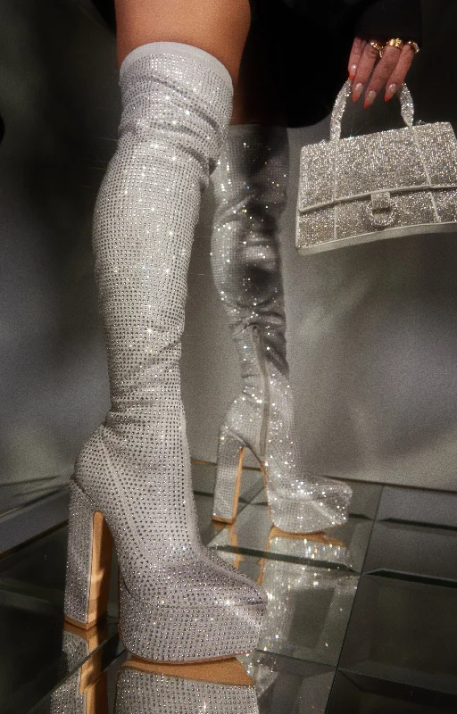 women's booties with platformAviana Embellished Platform Block Heel Over The Knee Boots - Silver