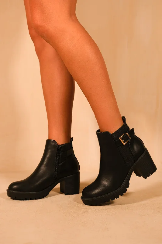 women's ankle boots with bow detailsKALI MID BLOCK HEEL WITH BUCKLE DETAIL STRETCH ANKLE BOOTS IN BLACK FAUX LEATHER