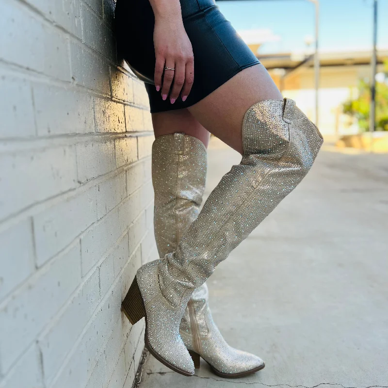 women's booties with metallic finishChampagne Bring Ya To Your Knees Rhinestone Boots*