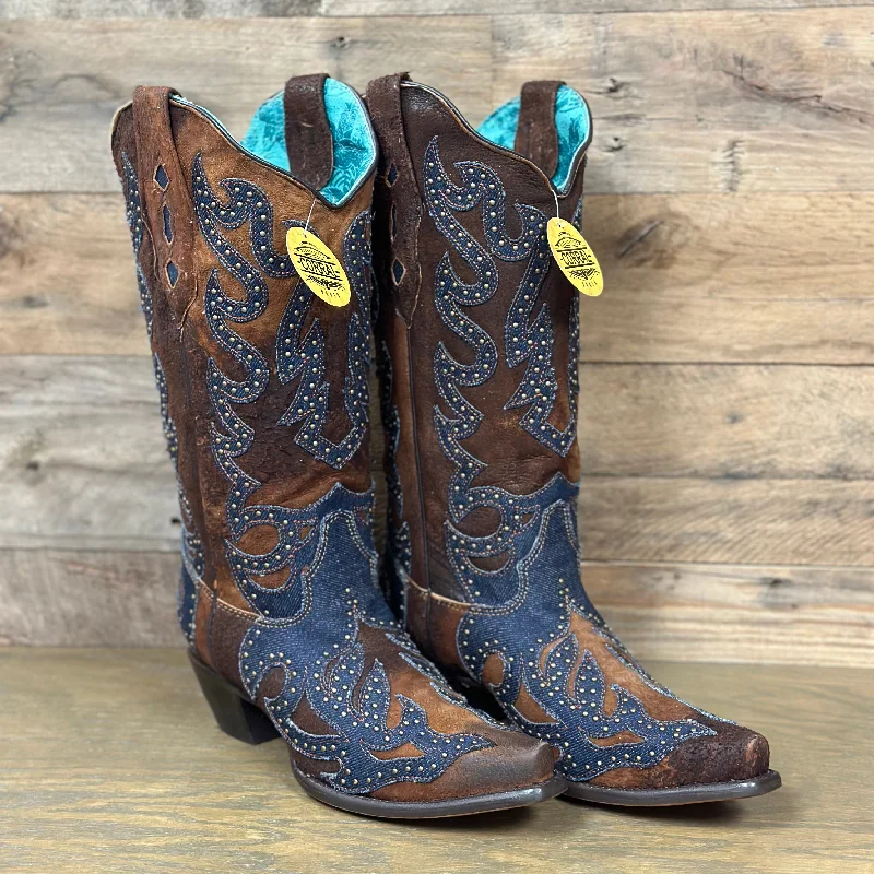 women's western boots with exotic leatherCorral Women's Denim Overlay Snip Toe Western Boot