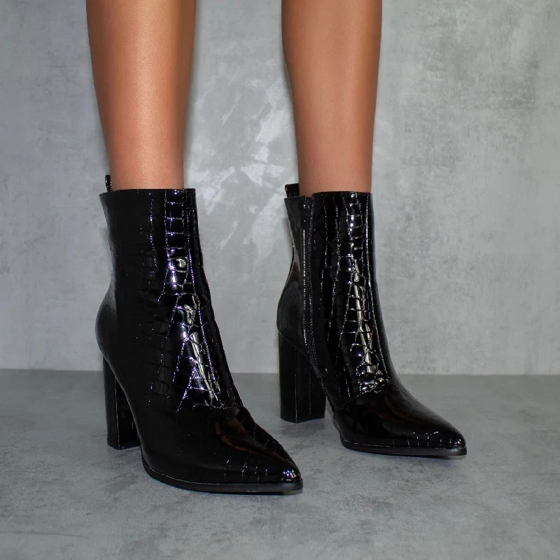 women's ankle boots with studsCleo - Black Croc Print Pointed Toe Block Heel Ankle Boots women's ankle boots with studsCleo - Black Croc Print Pointed Toe Block Heel Ankle Boots