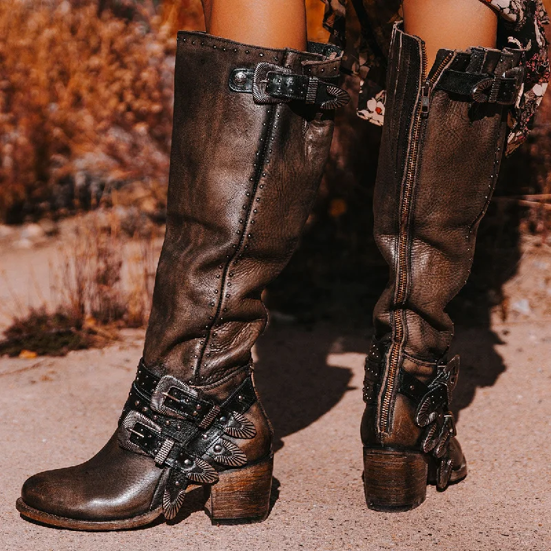 women's moto boots with studsCleo - Black Distressed