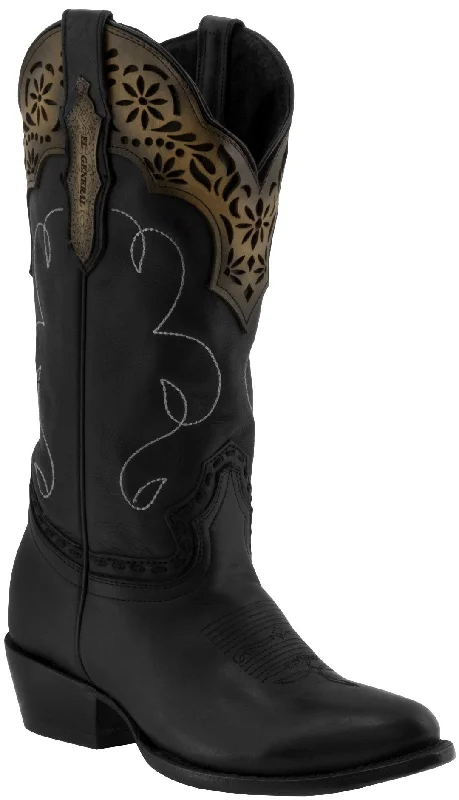 women's cowboy boots for plus sizeWomen's Black Cowboy Boots Real Leather Round Toe Floral Overlay