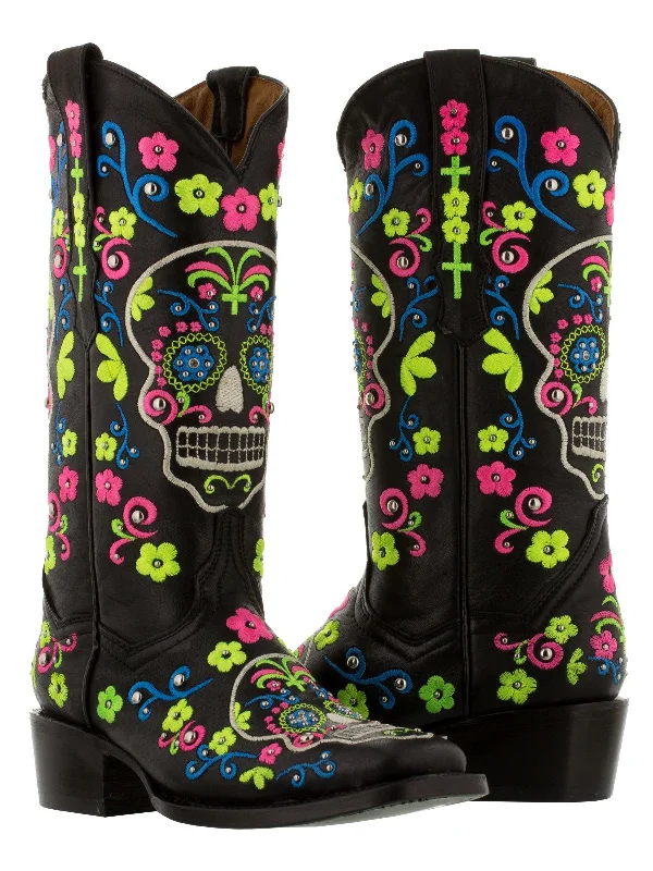 women's cowboy boots with floral designsWomen Catrina Black Sugar Skull Embroidered Leather Cowboy Boot - Square Toe women's cowboy boots with floral designsWomen Catrina Black Sugar Skull Embroidered Leather Cowboy Boot - Square Toe