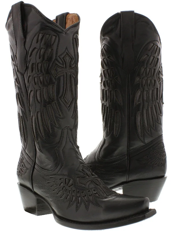 women's cowboy boots for casual wearWomen's 550C Full Black Cross & Wings Leather Cowboy Boots Snip Toe - CP2 women's cowboy boots for casual wearWomen's 550C Full Black Cross & Wings Leather Cowboy Boots Snip Toe - CP2